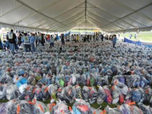 Gear check bags lined up at the finish area. 